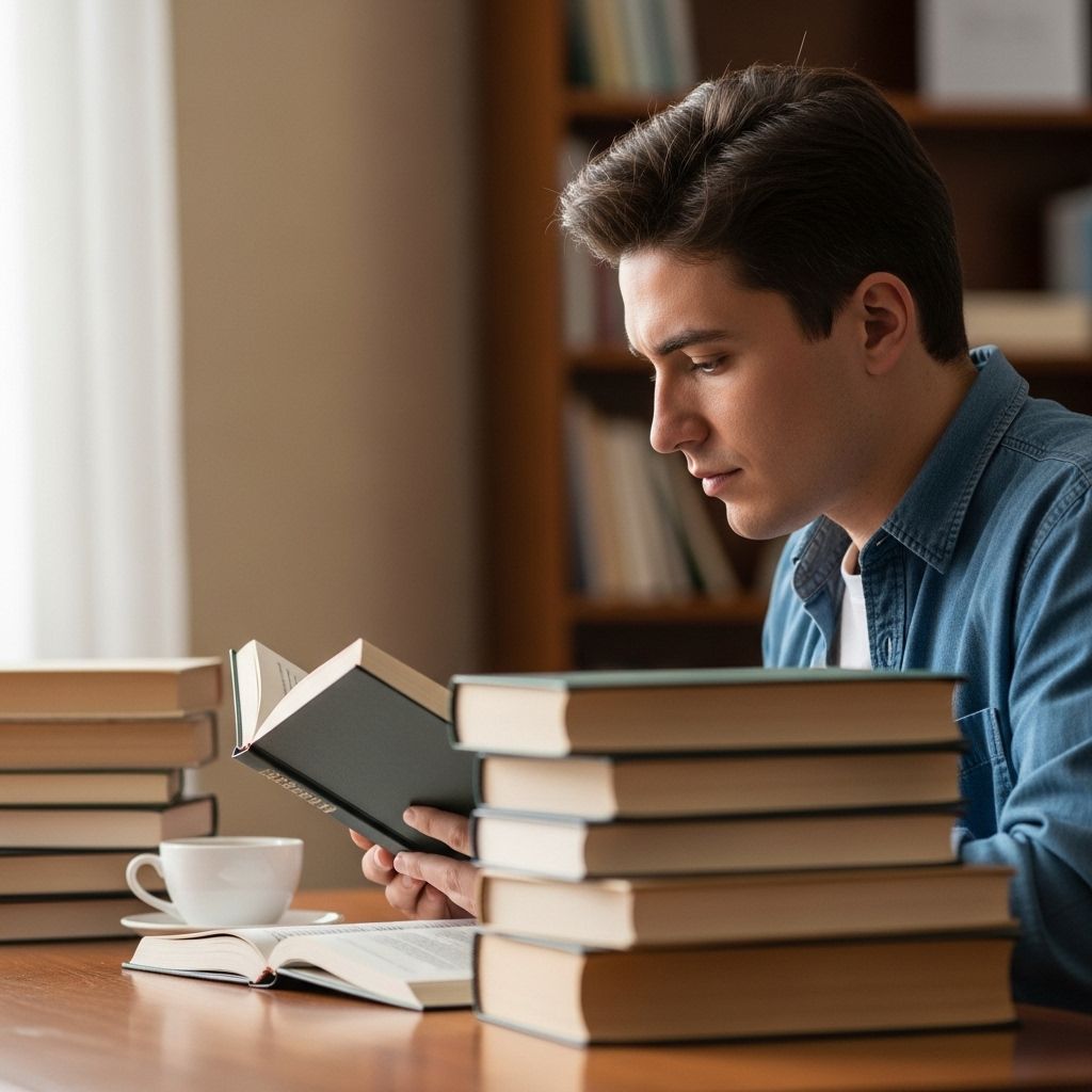 Person reading or studying with focused expression in a peaceful learning environment with books
