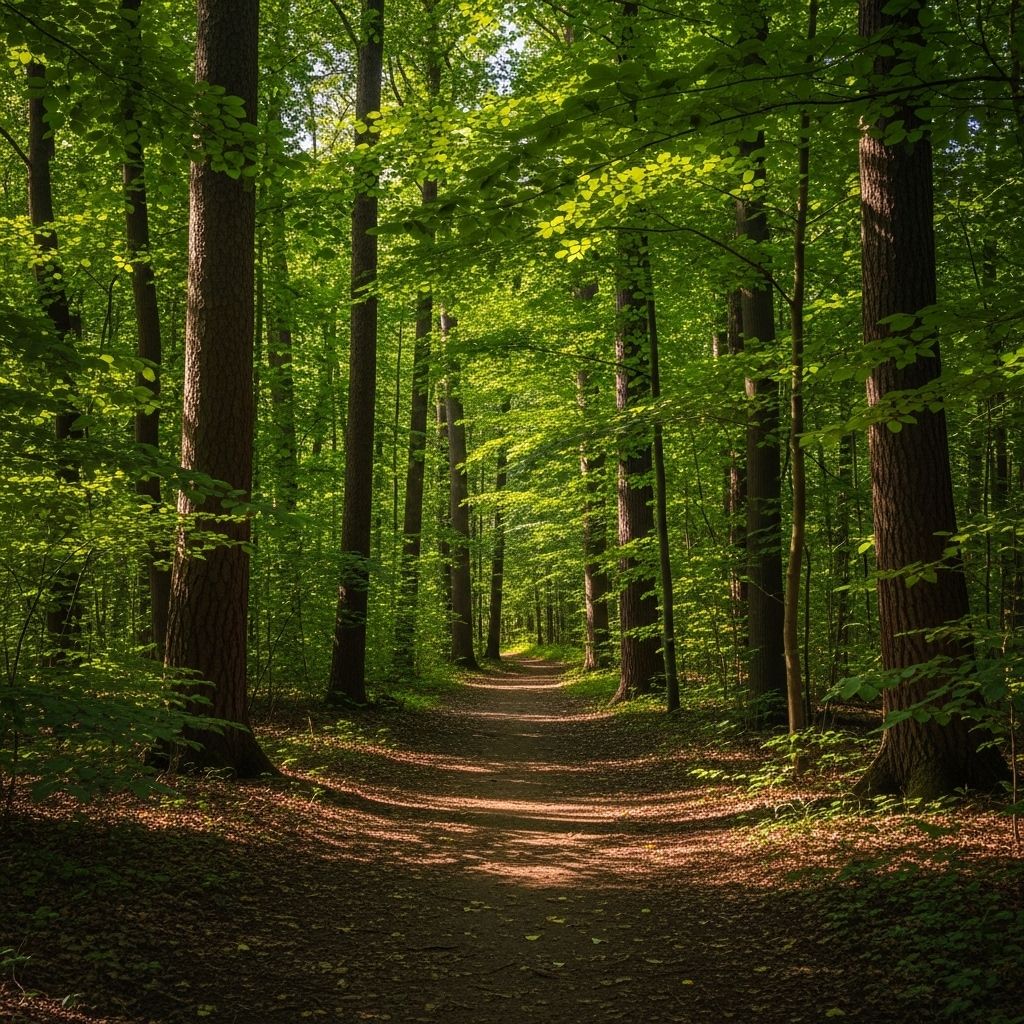 Serene forest path with dappled sunlight filtering through green leaves and tall trees