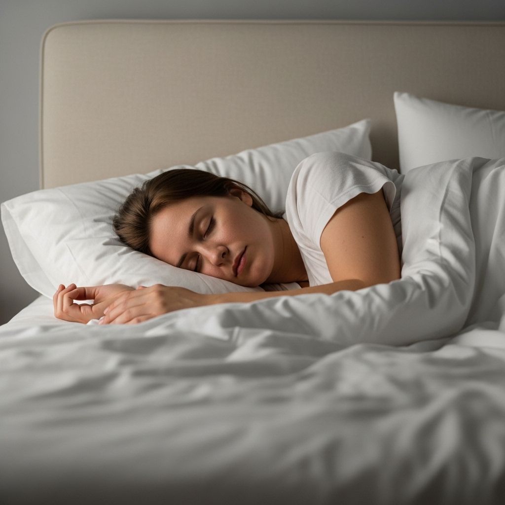 Person sleeping peacefully in natural soft morning light in a quiet, tranquil bedroom setting
