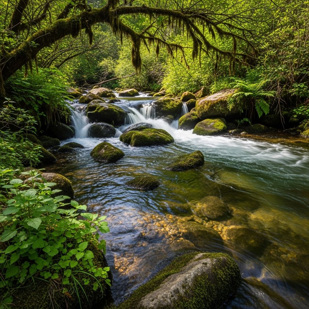 Clear flowing water cascading over smooth rocks in a natural stream surrounded by vegetation
